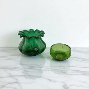 Antique Bohemian Hand Blown Glass Painted Ruffled Bowls Set of 2 Green Floral